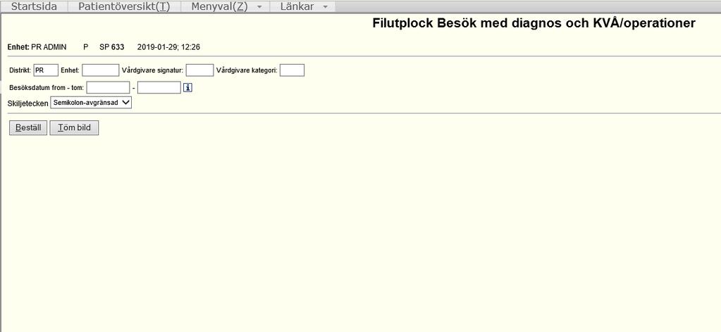 30 Filutplock Besök med diagnos och KVÅ/operationer Klicka på Menyval, för över muspekaren på Listor/Filutplock och klicka sedan på Besök diagnos/kvå/op för att komma till rätt bild.
