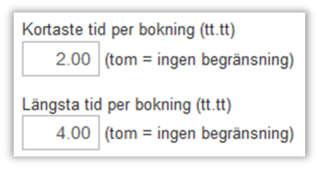 Min- och maxlängd för bokning av objekt Om du vill begränsa hur korta eller hur långa bokningar som görs av ett objekt kan du nu använda en ny inställning som du hittar på objektnivå.