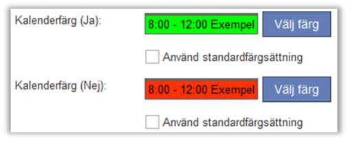 För fälttypen Ja/nej gör du inställningen vid Kalenderfärg (Ja) och Kalenderfärg (Nej). För fälttypen Valbox definierar du färgerna när du skapar eller redigerar ett svarsalternativ.