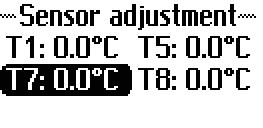 SERVICE MENU: SENSOR ADJUSTMENT : Settings for individual adjustment of temperature sensors using an offset value of +-5 C with 0.1 steps.