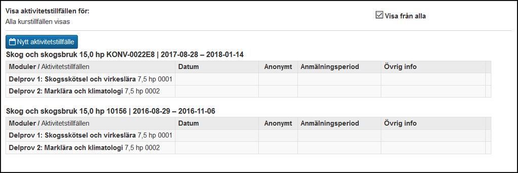 Aktivitetstillfällen Att skapa ett aktivitetstillfälle för samtliga kurstillfällen kan vara bra om man vill ha studenter