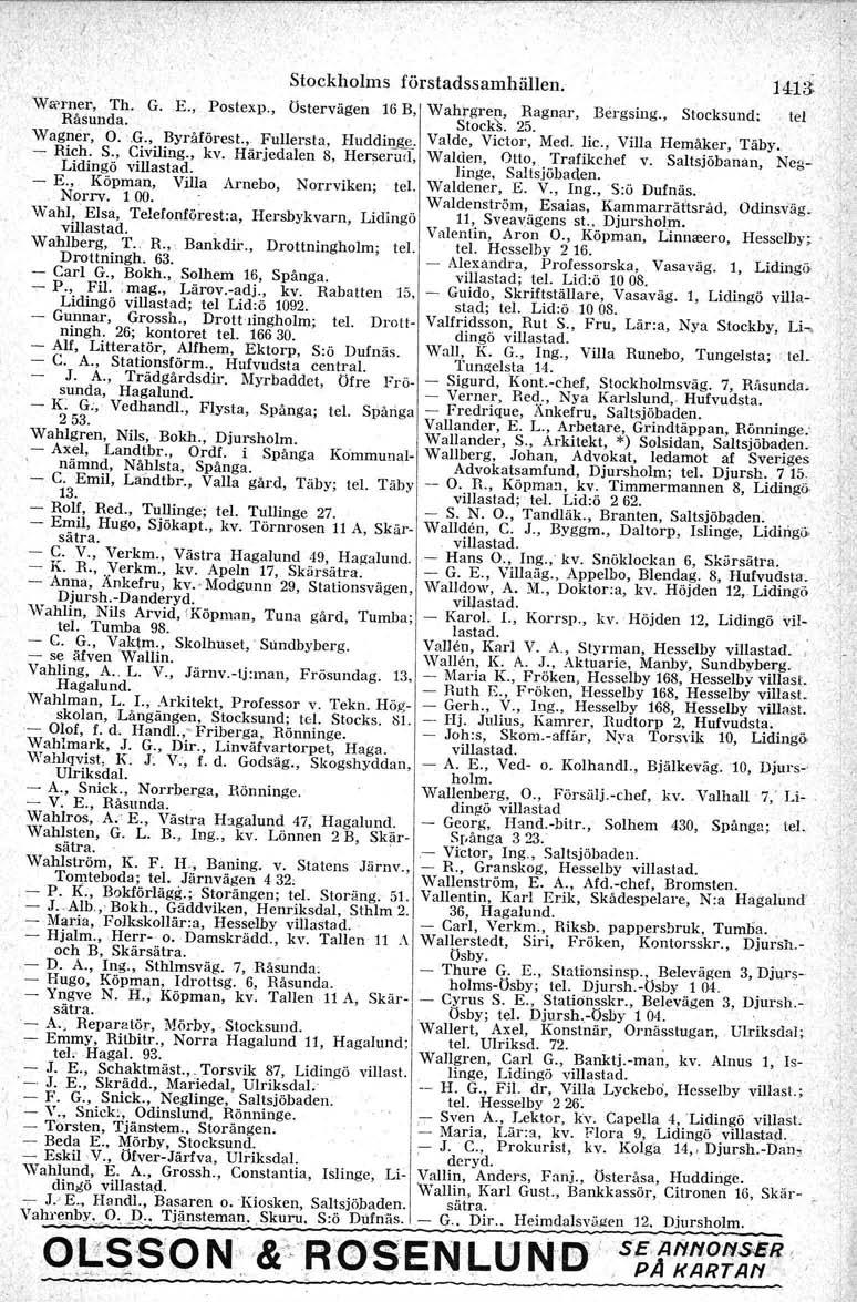 Stockholms förstadssamhällen. 1413 Weerner, Th. G.. E., Postexp., Östervägen 16 B, Wahrgren, Ragnar, Bergsing., Stocksund:. tel Råsunda. Stocks, 25. Wagner,O:.G., ByråföresL, Fullersta, Huddi'!.@'.