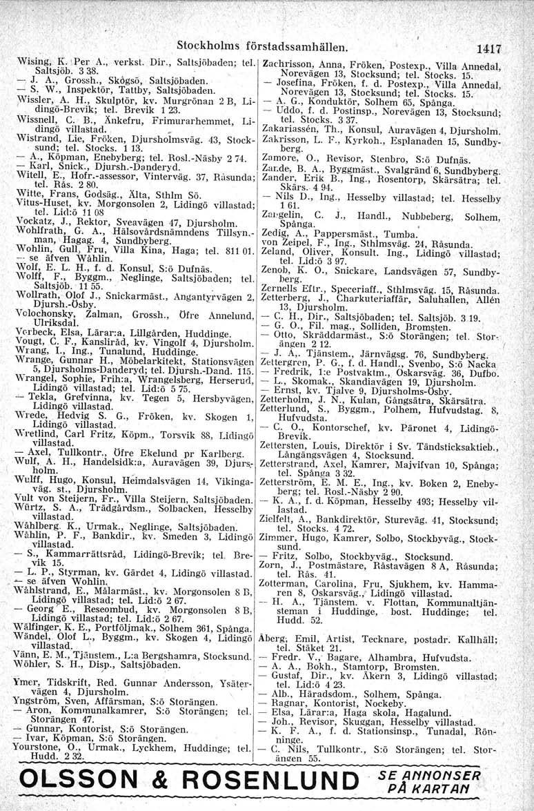 Stockhohns Wising, 1(. \Per A., verkst. Dir., Saltsjöhaden; tel. Saltsiöb. 33.8. _. J. A., Grossh., Skögsö, Saltsjöbaden. - S. W., Inspektör, Tattby, Saltsiöbaden. Wlssler, A. H., Skulptör, kv.