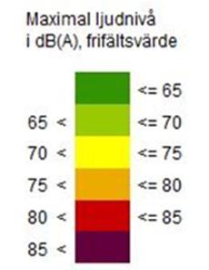 Gula fasader överskrider 70 dba maximal ljudnivå (frifältsvärden). Vy från sydväst. Uteplats Bild 6.