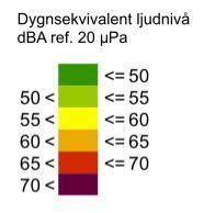 RESULTAT Beräknade ljudnivåer presenteras i färgfält om 5 db. Färgskalan är anpassad så att gränsen mellan grönt och gult motsvarar 55 dba ekvivalentnivå.