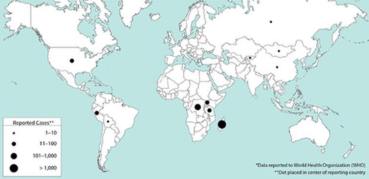 Pest -rapporterade fall globalt 2010-2015 Madagaskar 2017 > 2000 fall, ca 200 dödsfall Endemiskt förekommande