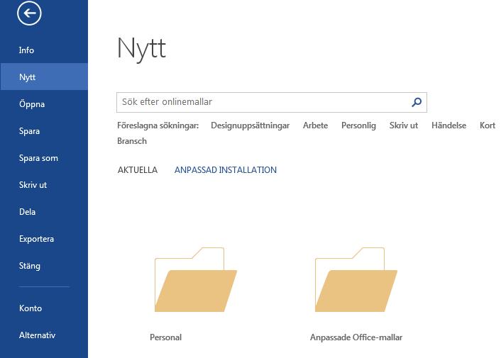 1.3 Skapa ett nytt dokument baserat på dokumentmallen Dokumentmallen ligger kvar oförändrad i sin mapp och du kan skapa så många kopior du vill. 1. Klicka på Arkiv > Nytt. 2.