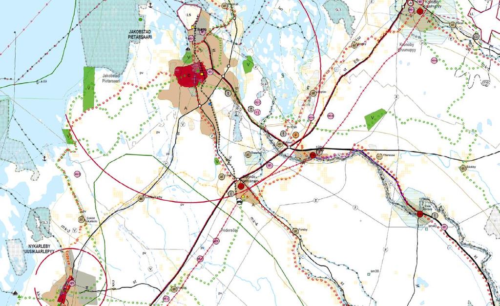 9 4.2 Österbottens landskapsplan 2030 Bild 4: Utdrag ur Österbottens landskapsplan 2030 (delområdens ungefärliga läge är anvisat med röd cirkel).