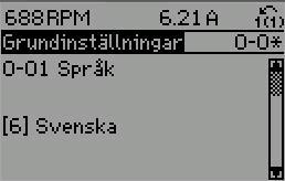 9: Displayexempel. Varje parameter har ett namn och ett nummer, vilka alltid är desamma oavsett vilket programmeringsläge som används. I huvudmenyläget visas parametrarna gruppvis.