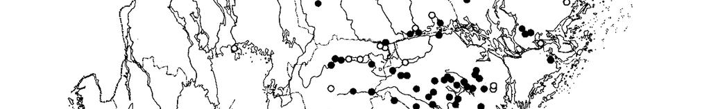 Figur 13. Utbredningen hos flat dammussla (Pseudanodonta complanata) i Sverige som den var känd t.o.m. mars 2007. En markering kan representera flera närliggande förekomster. = fynd före 1950.