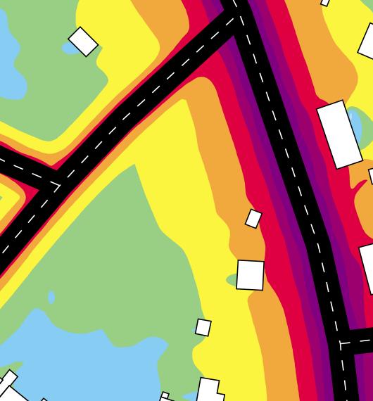 Maxial ljudnivå Beräkningsresultaten visar att axiala ljudnivåer ligger ellan 65 db(a) och 75 db(a) över en större del av planorådet.