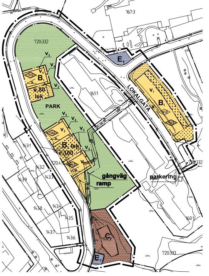 En ramp planeras ner till detta garage på södra sidan av det sydligaste bostadshuset. Innergården kommer enligt planprogrammet att planas ut på de platser där den idag består av lutande bergssida.