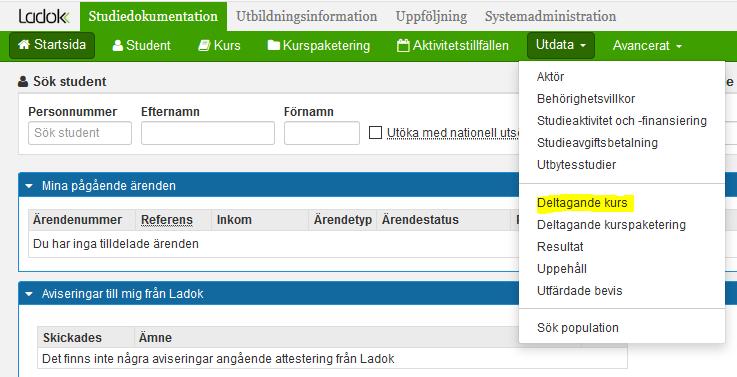 3.2 Söka fram omregistreringar via utdata deltagande kurs Klicka på fliken studiedokumentation utdata och