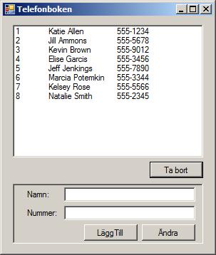 databasdemo private void Form1_Load(object sender, EventArgs e) db = new TelefonlistanEntities(); Uppdatera(); private void Uppdatera() var personerna = from person in db.