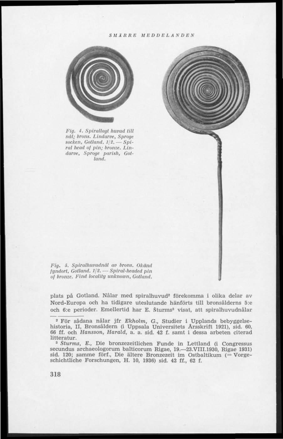 SMÄRRE MBDDBL ANDBN Fig. '. Spirallugl huvud till nål; brons. Lindurve, Sproge socken, Gotland. 1/2, Spira/ head of pin; bronze. Lindarve, Sproge parish, Gotlund. Fig. 5. Spirulhuvudnål av brons.