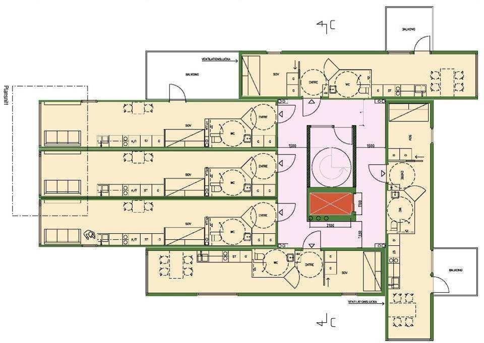 Bottenvåningen Bostadsplanen föreslås inrymma sex lägenheter per våning.