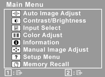 Main Menu with OnView controls Front Control Panel shown below in detail Displays the Main Menu or exits the control screen and saves adjustments.