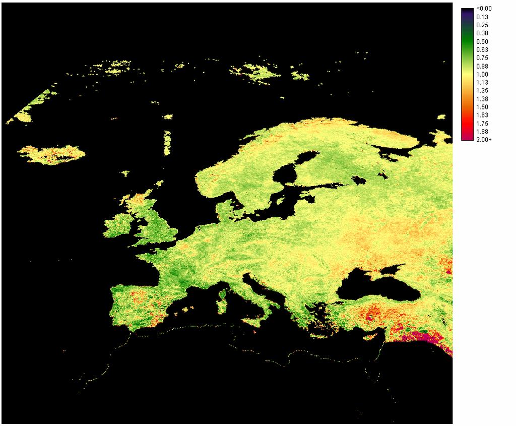 4. Resultat 4.1 Fenologi Förändring i fenologiparametrarna som beräknats utifrån TIMESAT-anpassade säsongskurvor av GIMMS NDVI 1982-2005, presenteras som kartor över Europa. 4.1.1 Säsongsamplitud Figur 5.