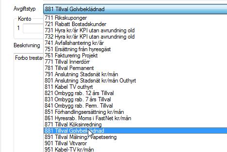 7. Välj avgiftstyp för tillvalet. Avgiftstypen används när en avgift skapas för ett tillval som är installerat. 8. Markera att åtgärden är av kategorin Tillval. 9. Klicka på Spara 10.