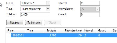 intervallet är 2 år och totala priset är 2400 så blir månadskostnaden 100. Dvs (2400/2)/12 = 100.