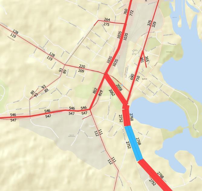 Select link-analys Studera hur trafik på en specifik länk fördelar sig i vägnätet Andel trafik som reser i relationen söder-väster: (546+547)/(2752+2768)=0,20 Andel trafik som reser i relation