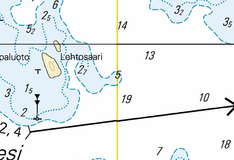 2 m). New small craft route. New spar buoys. Insert in chart. A. Uusi venereitti - Ny båtrutt - New small craft route Venereitin keskilinja Båtruttens mittlinje Route centre line 1) 62 59.689 N 27 53.