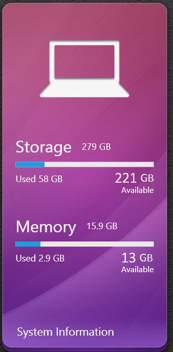 Systeminformation Denna app visar en översikt över din bärbara dators systeminformation vad gäller lagring och minnesutrymme.