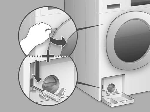 Öppna luckan manuellt Obs Hett tvättvatten! Risk för skållskador! Töm maskinen innan den öppnas manuellt! Kontrollera att trumman står still. Stäng av vattenkranen. Slå av strömmen.