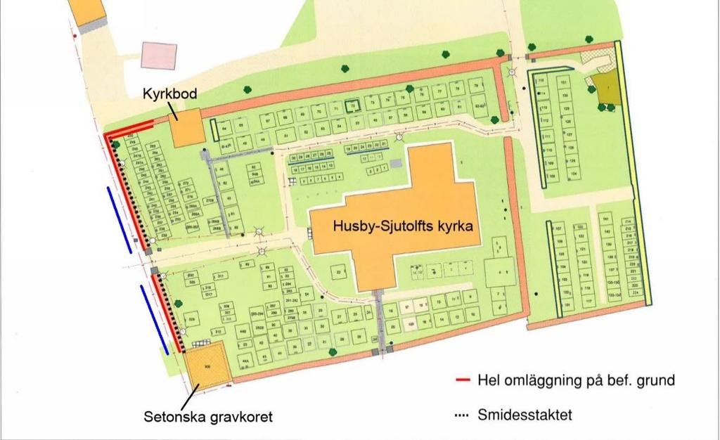 Plan över Husby-Sjutolfts kyrkas kyrkogård med omlagt murparti markerat