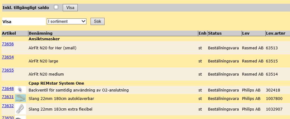 Varukatalog I varukatalogen finns alla artiklar som är synliga för dig i Sesam, utifrån din behörighet. Artiklarna är grupperade enligt en internationell standard för hjälpmedel; ISO 9999.