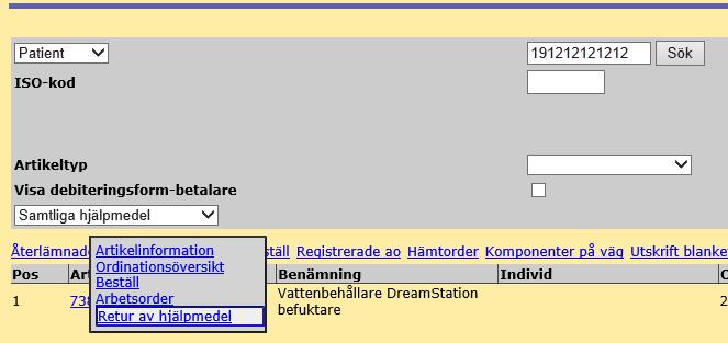 Mask eller annat extra tillbehör återlämnas av patient Retur av Hjälpmedel Om en mask eller något tillbehör, som ligger på patientens hjälpmedelslista i websesam, lämnas tillbaka till er ska det