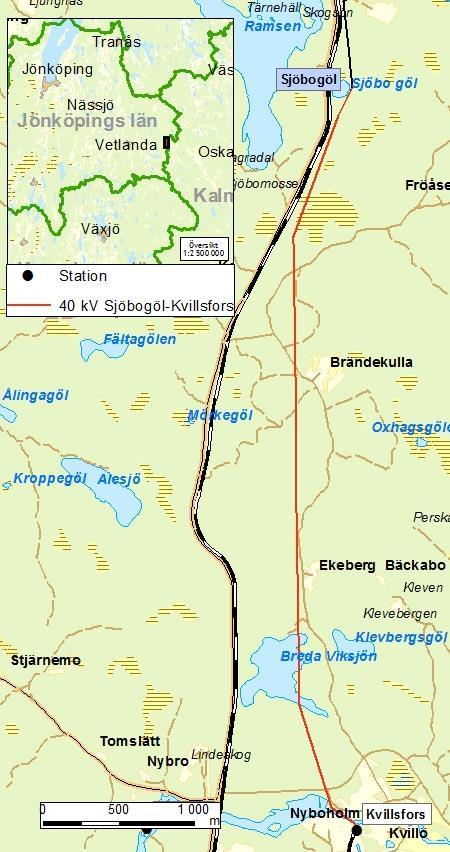Figur 1.1. Karta över aktuell ledningssträcka Sjöbogöl Kvillsfors (röd linje). Ledningen fortsätter till Bruket, via Pauliström transformatorstation.