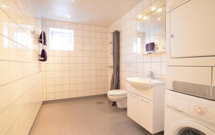 tvättpelare (Electrolux). Gäst-WC med klinkers och helkaklade väggar.