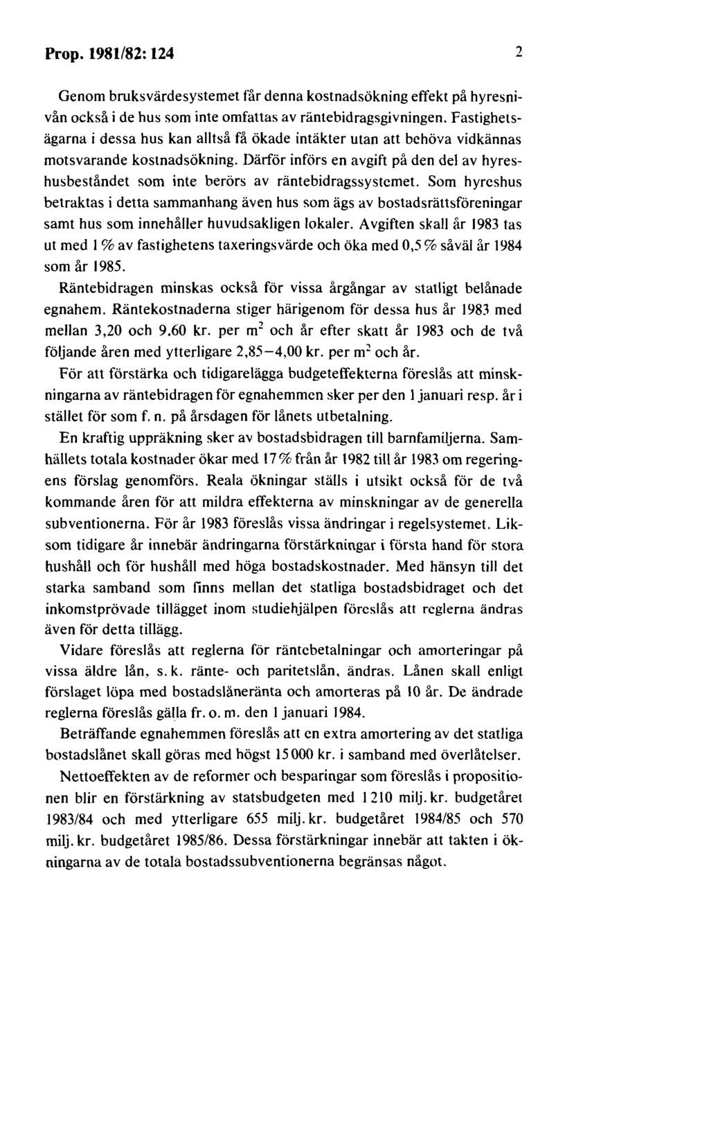 Prop. 1981/82: 124 2 Genom bruksvärdesystemet får denna kostnadsökning effekt på hyresnivån också i de hus som inte omfattas av räntebidragsgivningen.