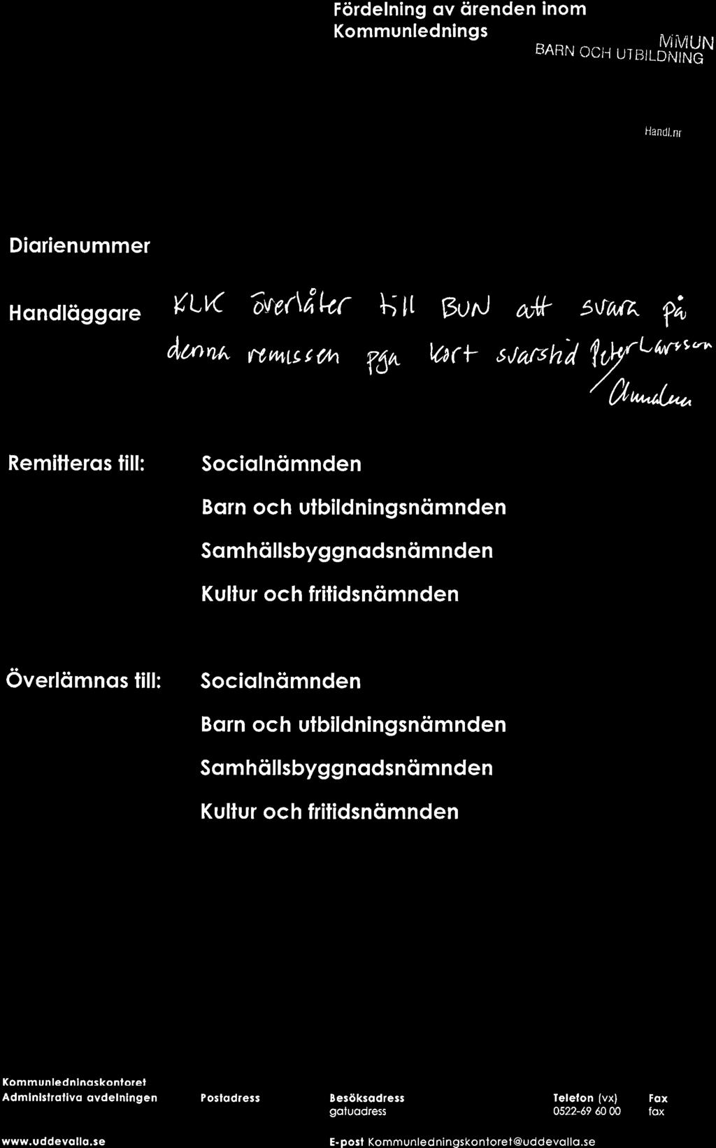 Fördelning ov örenden inom Kommunlednings \t_t" \ l(i,-) MMU N BARN OCIJ UTB] LDN ING Z;tjä) -t - u 4 Hand/. nr Diqrienummer V,erû çs Sod 2,t5'1?