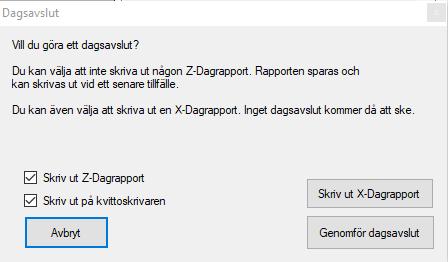 Fyll i dina uppgifter och spara. 6.2 Göra dagsavslut Efter att du avslutat försäljningen för dagen bör du göra ett dagsavslut. Det gör du genom att trycka på knappen Dagsavslut i övre delen av kassan.