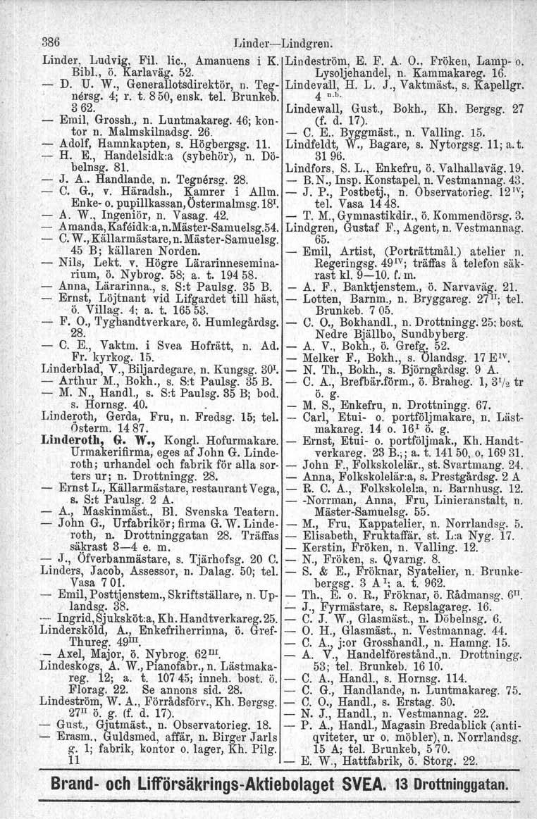 386,LinderLindgren. Linder, Ludvig, Fil. Iic., Amanuens i K. Lindeström, E. F. A. O., Fröken, Lamp o. Bibl., ö. Karlaväg. 52. Lysoljehandel, n. Kammakareg. 16. D. U. yv., Generallotsdirektör, n.