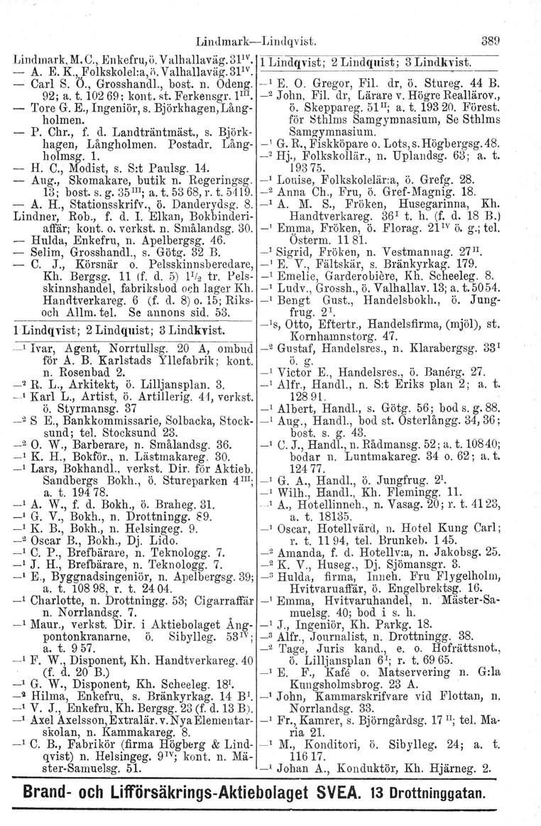 LindmnrksLindqvist. 389 Lindurark. M. C., En kefru;ö. Valhallaväg. 31 1v 1 Lindqvist: 2 Lindquist A. E. K,. Folkskolel:a, ö. Valhallaväg. 31IV.I ', 3 Lindk"ist. Carl S. Ö., Grosshandl., bost. n.