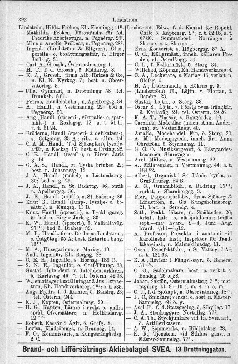 ::192 Lindström. Lindström, Hilda, Fröken, Kh, Plemingg.l l!'. Lindström, Edw., f. d. Konsul för Republ. Mathilda, Fröken, Förestända för Ad. Chile, ö. Kaptensg. 2 II ; r. t. 3218, a. t. Fredriks Arbetsstuga, n.