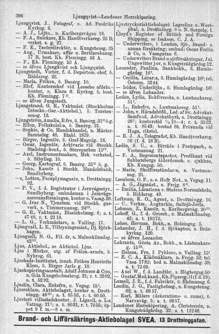 396 LjungqvistLondoner Herrekipering. Ljungqvist, J.. Fotograf, n. Ad. Fredriks Ljustryckeriaktiebolaget Lagrelius o. West Kyrkog. 6.. phal, n. Drottningg, 8 o. N. Scrgelg. 1. A. J., Löjtu., n. Kal'1bergsvägen 18.