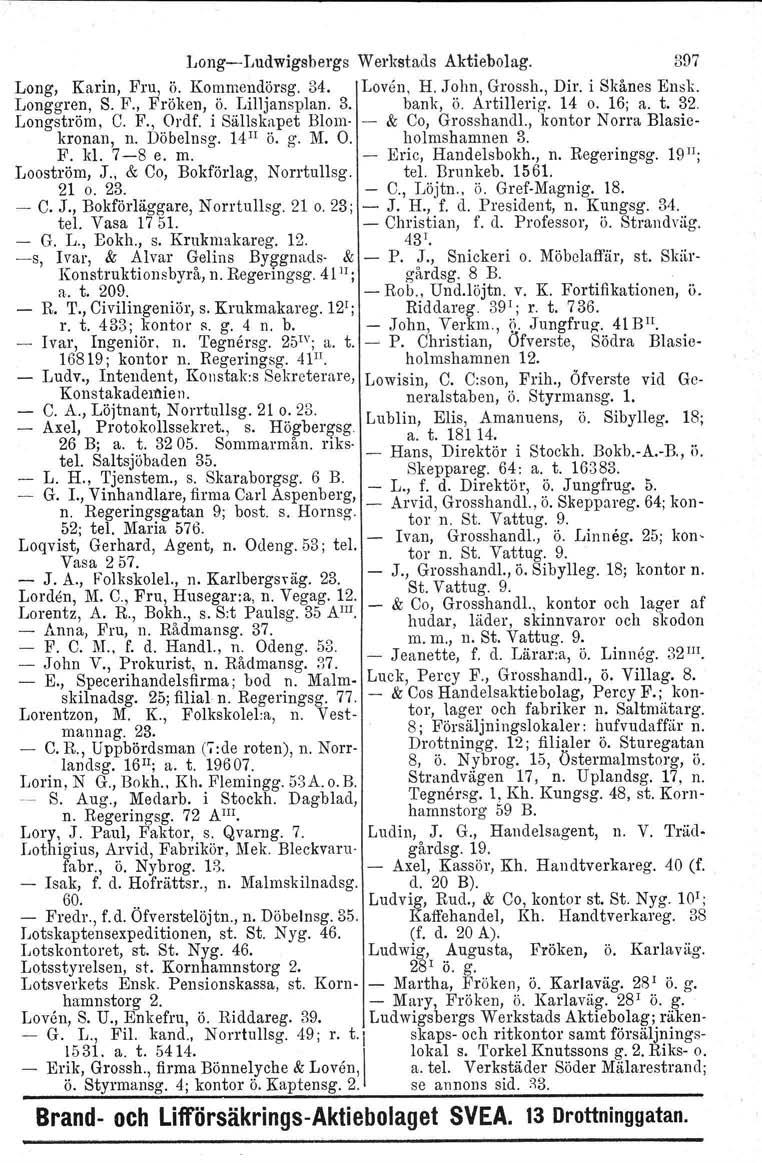 LongLudwigsbergs Werkstads Aktiebolag. 397 Long, Karin, Fru, ö. Kommendörsg. 34. Loven, H. John, Grossh., Dir. i Skånes Ensk. Longgren, S. F., Fröken, ö. Lilljansplan, 3. bank, ö. Artillerig. 14 o.