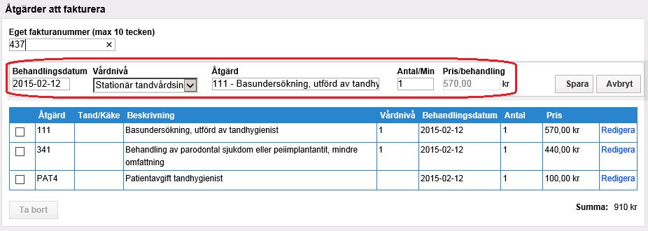 17 (33) Ändra uppgifter för fakturerad åtgärd 1. Ange ett nytt fakturanummer. 2. Klicka på texten Redigera för den åtgärd som ska ändras.