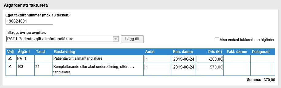 24 (33) 5.4 Steg 3, Ange åtgärder att fakturera Det är möjligt att välja att listan med åtgärder endast visar fakturerbara åtgärder. Klicka i fältet Visa endast fakturerbara åtgärder. 1.