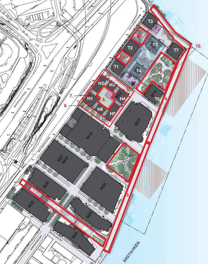 Figur 4. Platser som studerats närmre; 1. Milleniumstråket, 2. Park, 3. Kajen, södra delen, 4. Kajen, norra delen, 5. Gård i M22, 6.