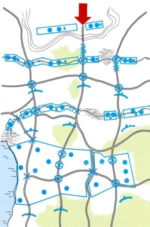 97. Ett exempel på fördröjande fältarbeten vid fördröjningsstrid i omväxlande öppen och småbruten terräng framgår av