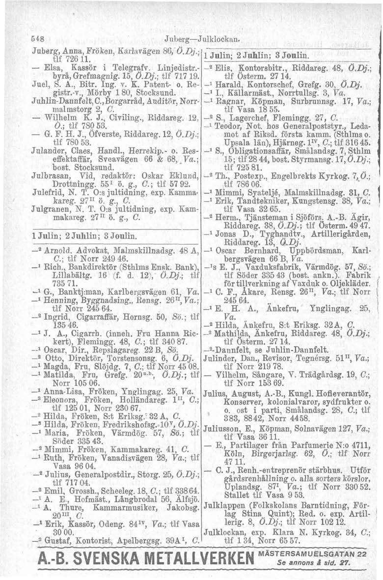 P v '8 Juberg, Anm, Fräken, 1Catl:tvagen 86 O.D~.; tlf 726 11. Elsa, Kassör i Telegrafv. Linjedistr. byrå, Grefmagnig. 15, O.Dj.; tlf 717 19. Juel, S. A., Bitr. Ing. v. K. Patent o. Registr.v., Mörby 180, Stocksund.