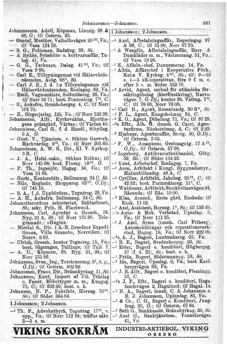 JohannessonJohansson. 531 Johannesson. Adolf, Köpman, LinnBg. 28 & 1 Johansson; 2 Johanson. 30. 0.: tlf Osterm. 25. 1 ~ustbf, ~usiker, Valhallaviigen 20n1, Va.; 1 Axel, Afbetalningsaffar, Regeringsg.