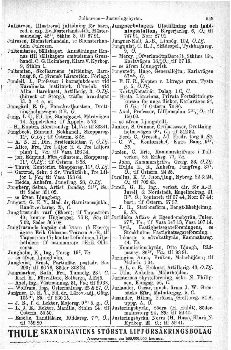 L I j JulkärvenJusteringabyrh Julkarven, Illustrerad jultidning för barn, red. o. exp. Ev. Fosterlandsstift.,Mästersamuelsg. 42", Sthlm 3; tlf 67 21.