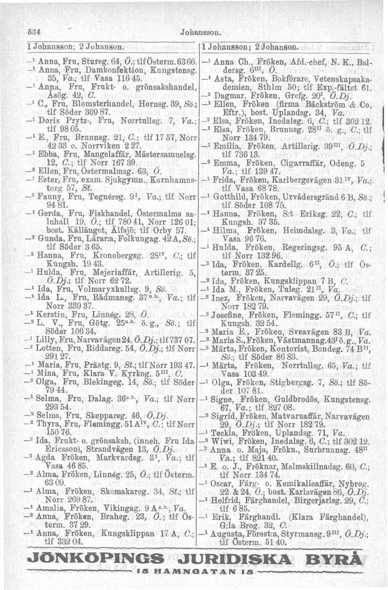 i 634 l Johansson; 2 Johanson. m l Anna, Fru, Stareg. 64, O.; tlfosterm.6366. ' Anna, E'ru, Damkonfektion, Kungstensg. 35, Va.; tlf Vasa 116 45. l Anna, Fru, Frukt o. grönsakshandel, Asög. 42, C. l C.