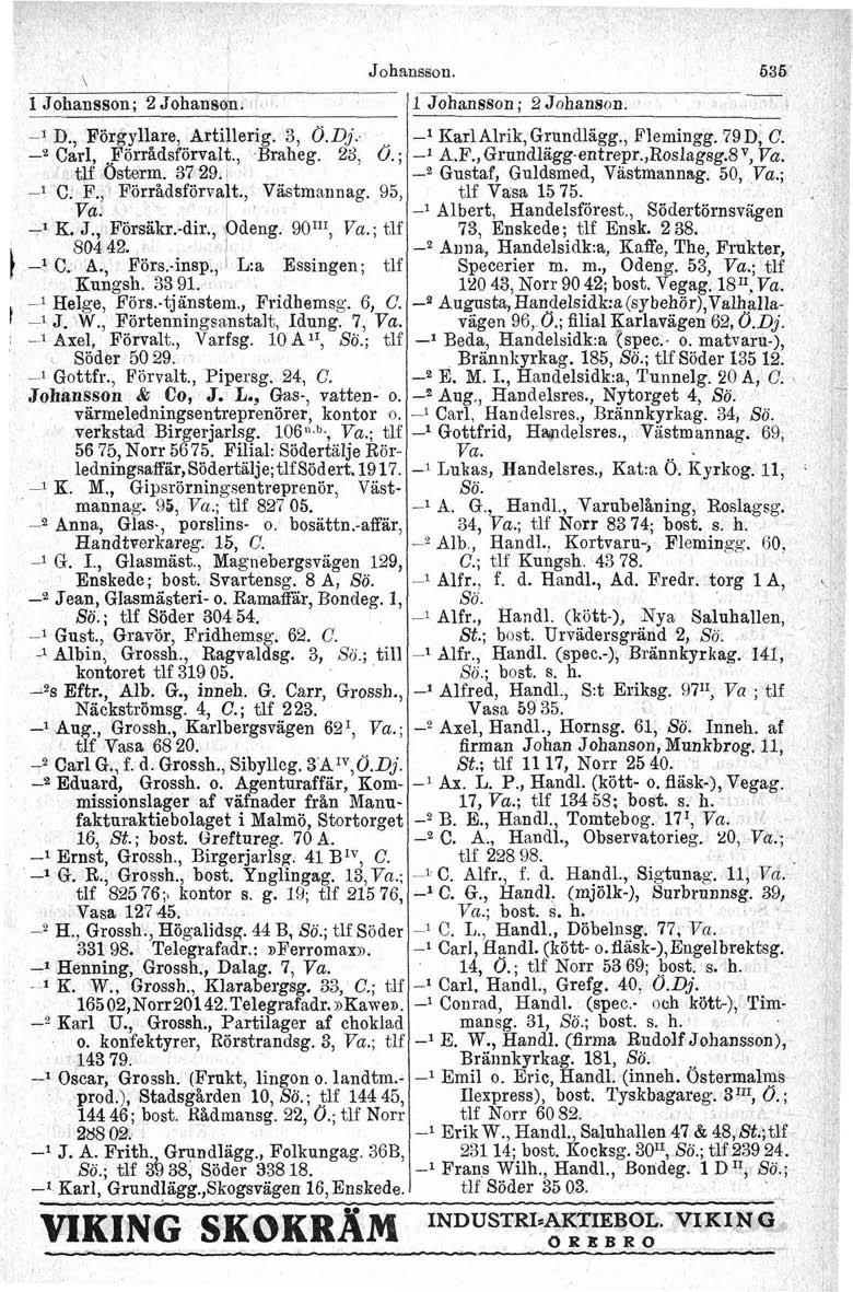 Johansson. 635 \ l l Johansson; 2Johansoii. 1 Johansson; 2 Johanson. 1 D., Förgyllare, Artillerig. 3, Ö. Dj. l Karl Alrik, Grundlägg., Flemingg. 79 D, C. e Carl, Förrådsförvalt., Braheg. 28, 6.; 1 A.